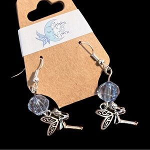 Blue Faux Crystal Earrings With Silver Fairy Charm